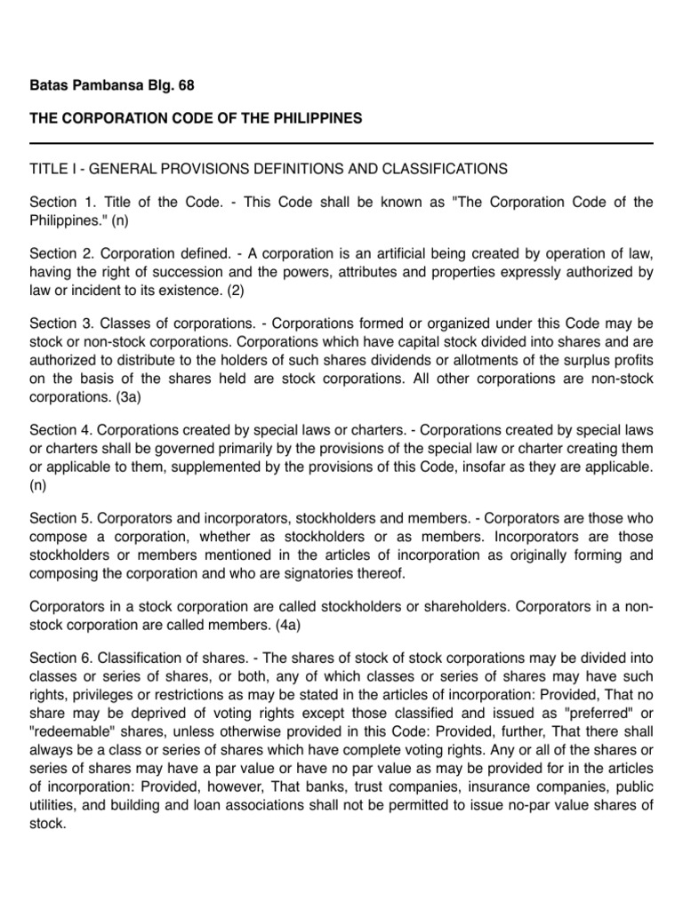 BP - Batas Pambansa Blg. 68 | PDF | Corporations | Preferred Stock