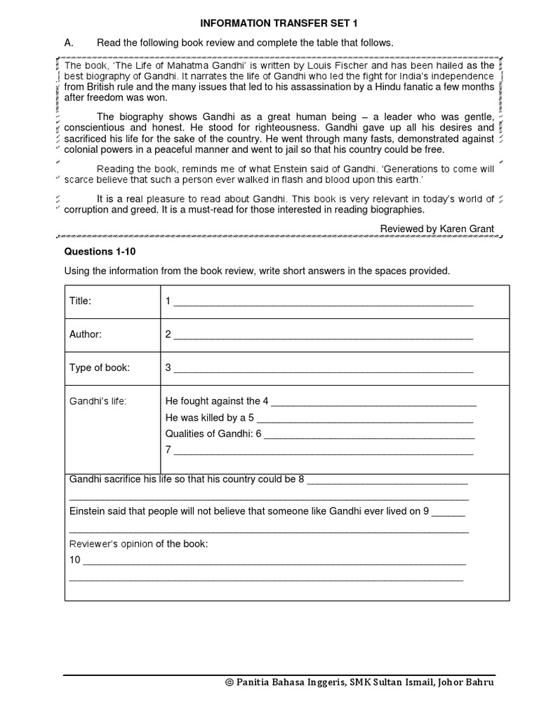 Information Transfer Set 1 | PDF | Mahatma Gandhi