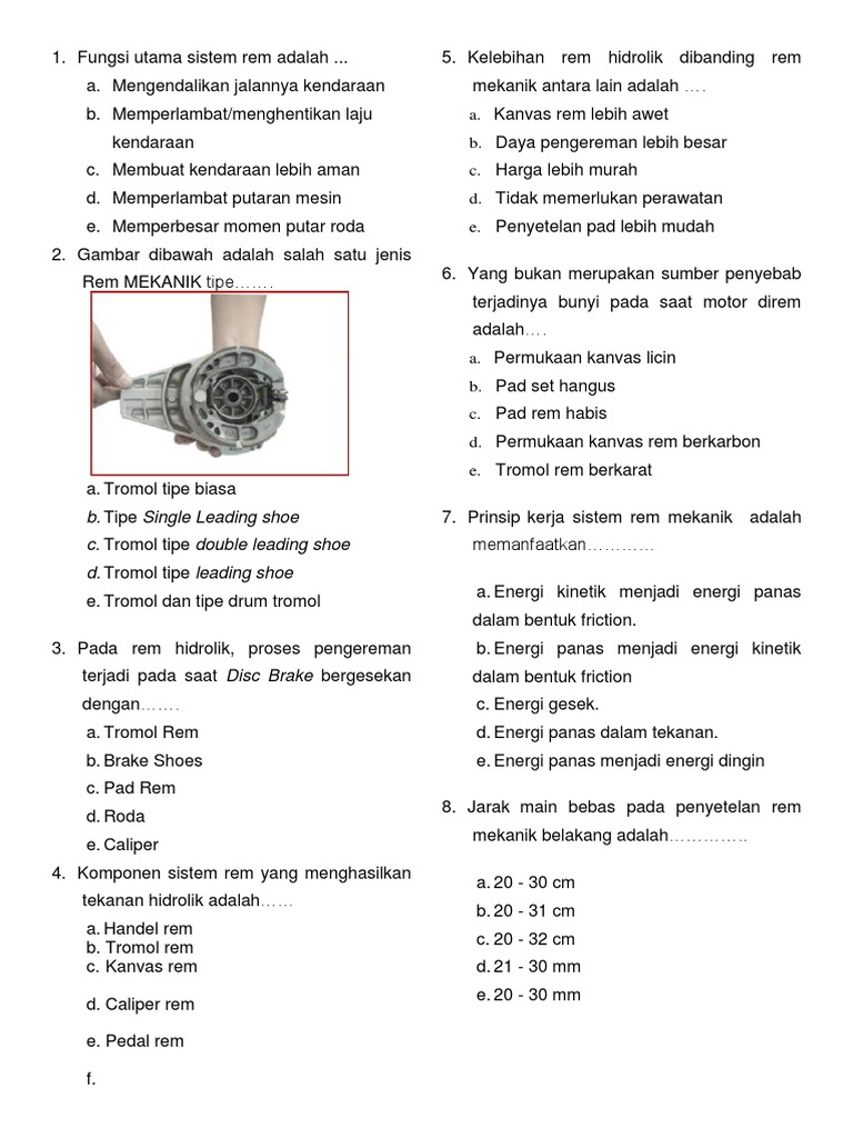 Contoh Soal Dan Jawaban Tentang Sistem Rem Contoh Soal