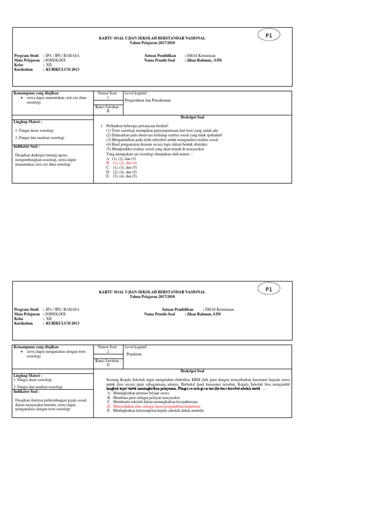 Kartu Soal Usbn Sosiologi