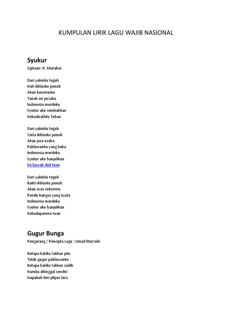 Kumpulan Lirik Lagu Wajib Nasional
