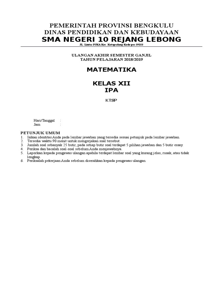 Soal Uas Matematika Kelas Xii Ipa Semester 1