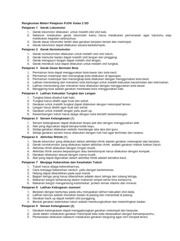 Rangkuman Materi Pelajaran PJOK Kelas 2 SD