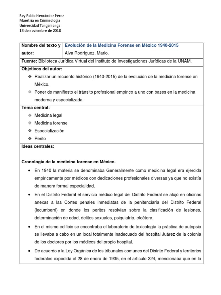 Evolución de La Medicina Forense en México 19402015_rey Pablo Hernández Pérez México