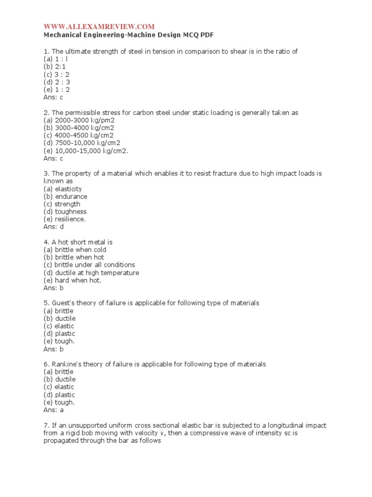 Mechanical EngineeringMachine Design MCQ PDF Screw Fatigue (Material)