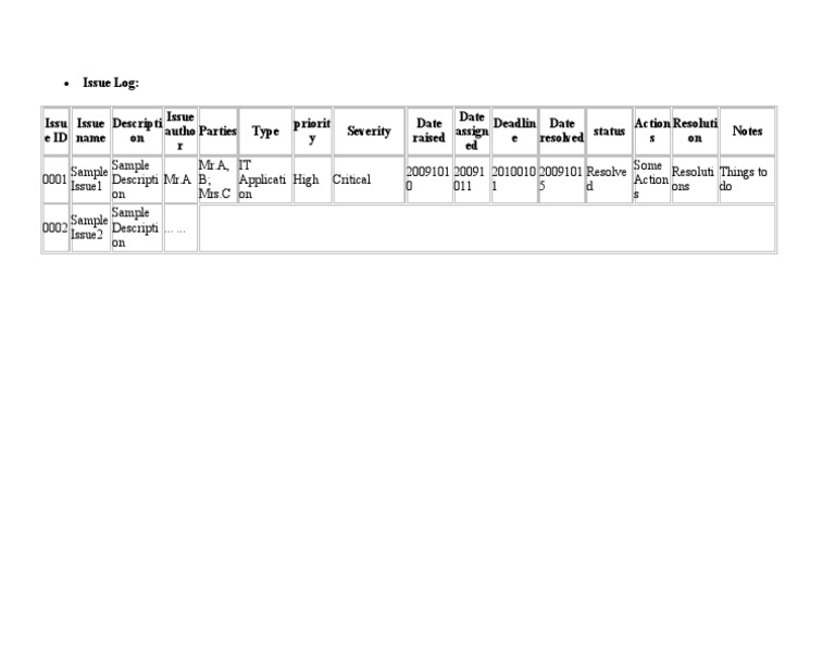 Issue Log | PDF