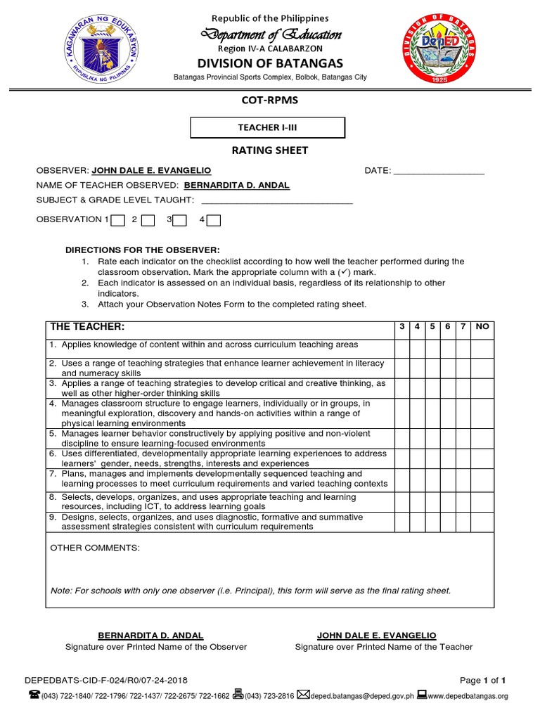 Rating Sheet For Master Teacher