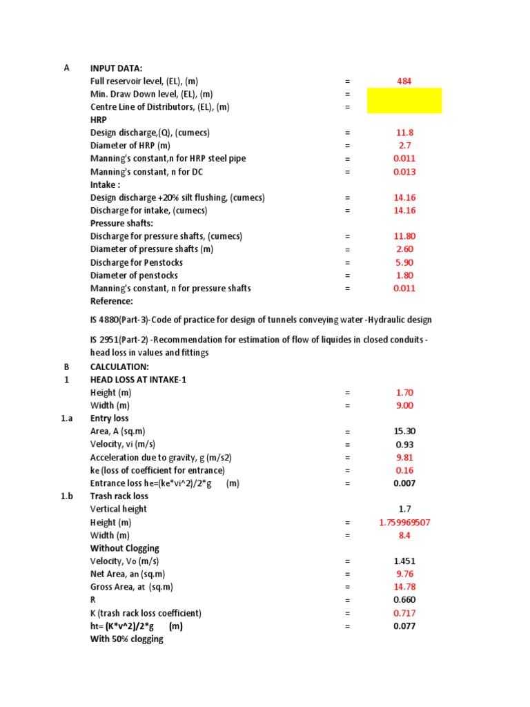 Head Loss Calculation PDF Acceleration Area