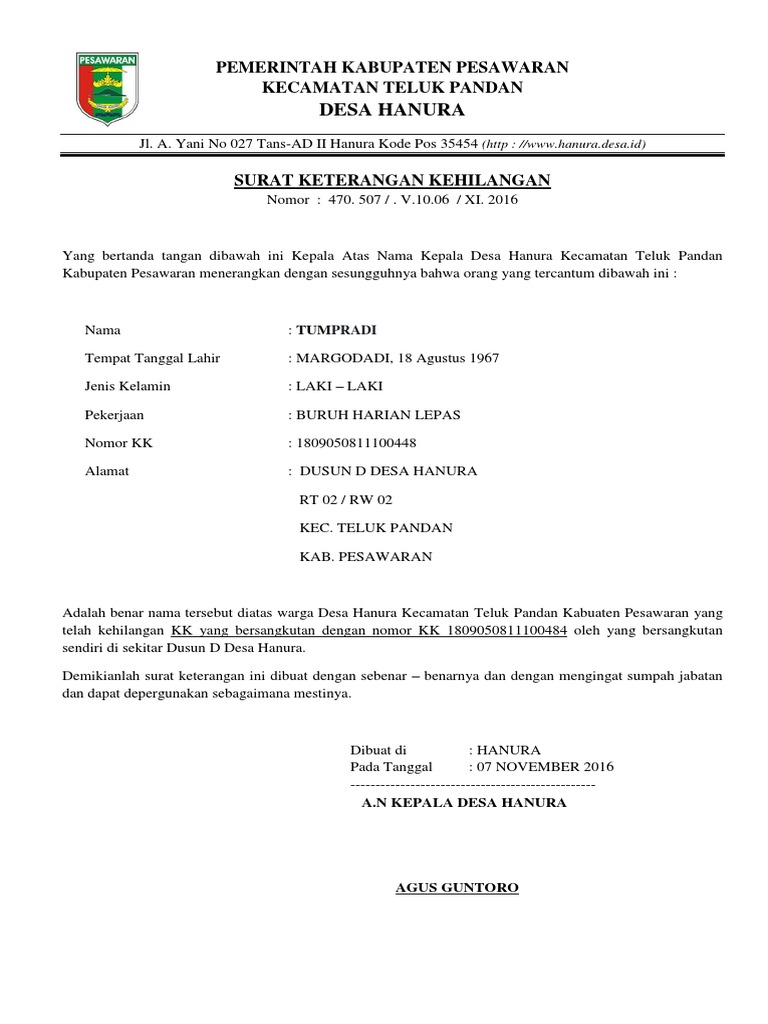 Contoh Surat Kehilangan Kad
