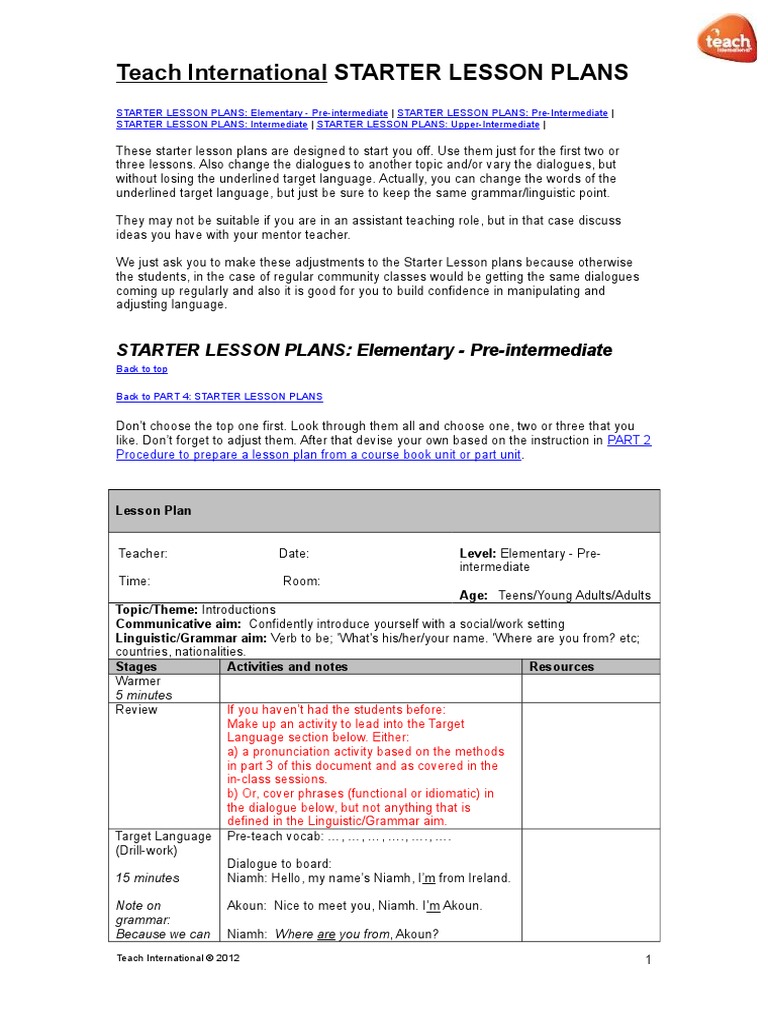 Starter Lesson Plans | PDF | Lesson Plan | Second Language