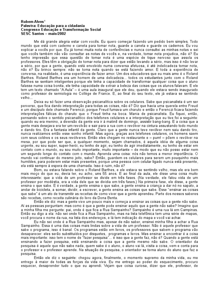 Educação e Cidadania: Reflexões de Rubem Alves | PDF | Samurai ...