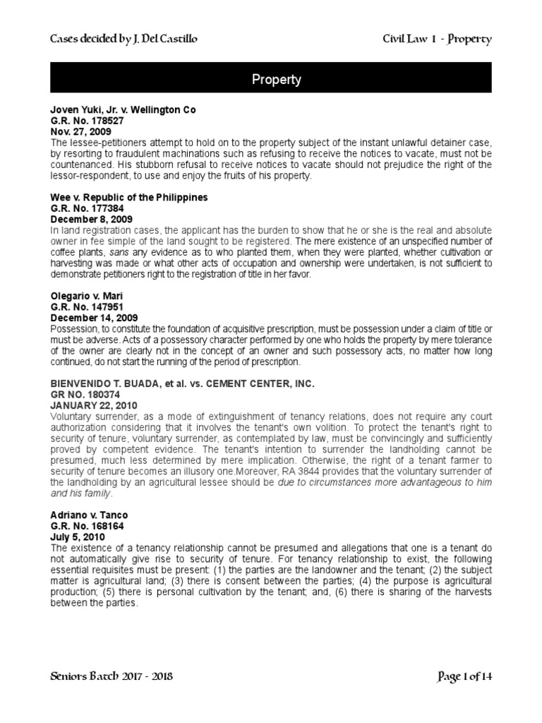 Civil Law 1 Doctrines (J. Del Castillo) PDF Leasehold Estate