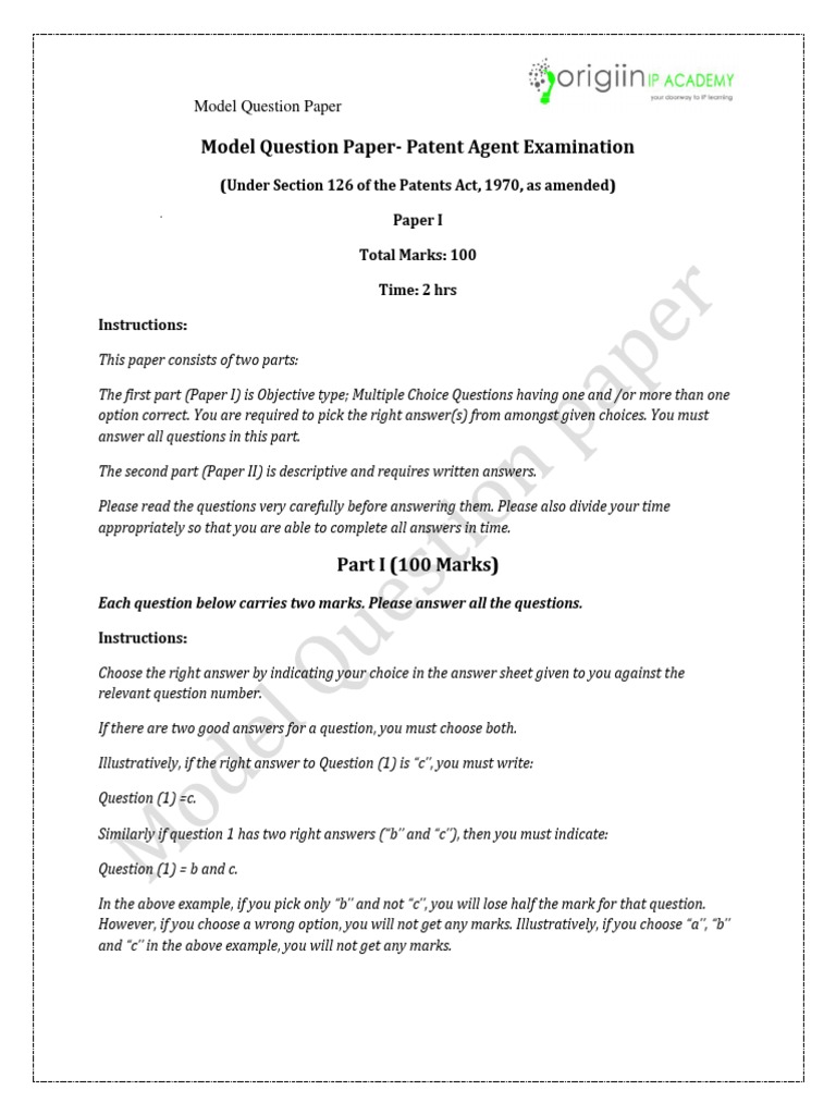 Patent Agent Exam Model Question Paper | PDF | Glossary Of Patent Law ...