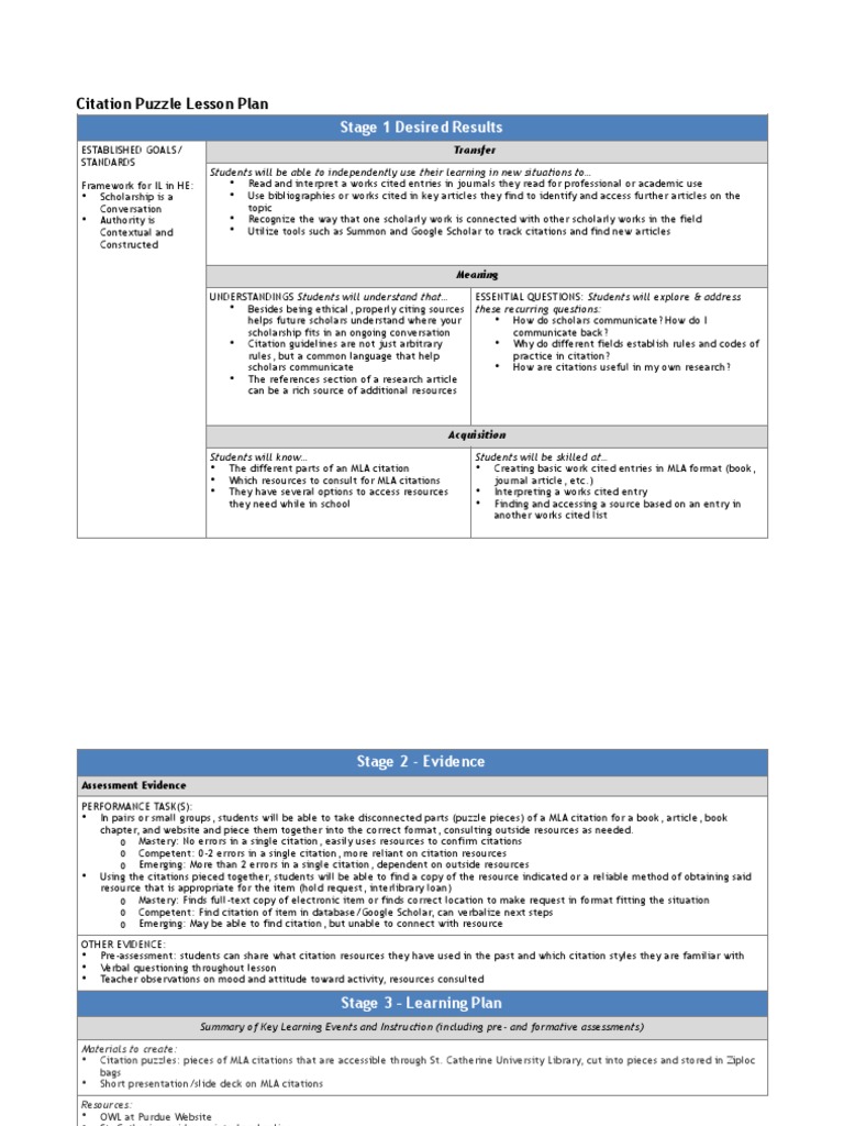 Citation Puzzle Lesson Plan Pdf Learning Cognition