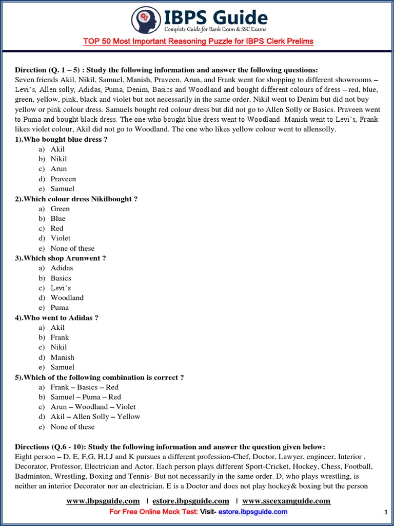 Top Reasoning Puzzles for IBPS Clerk | PDF | Blue