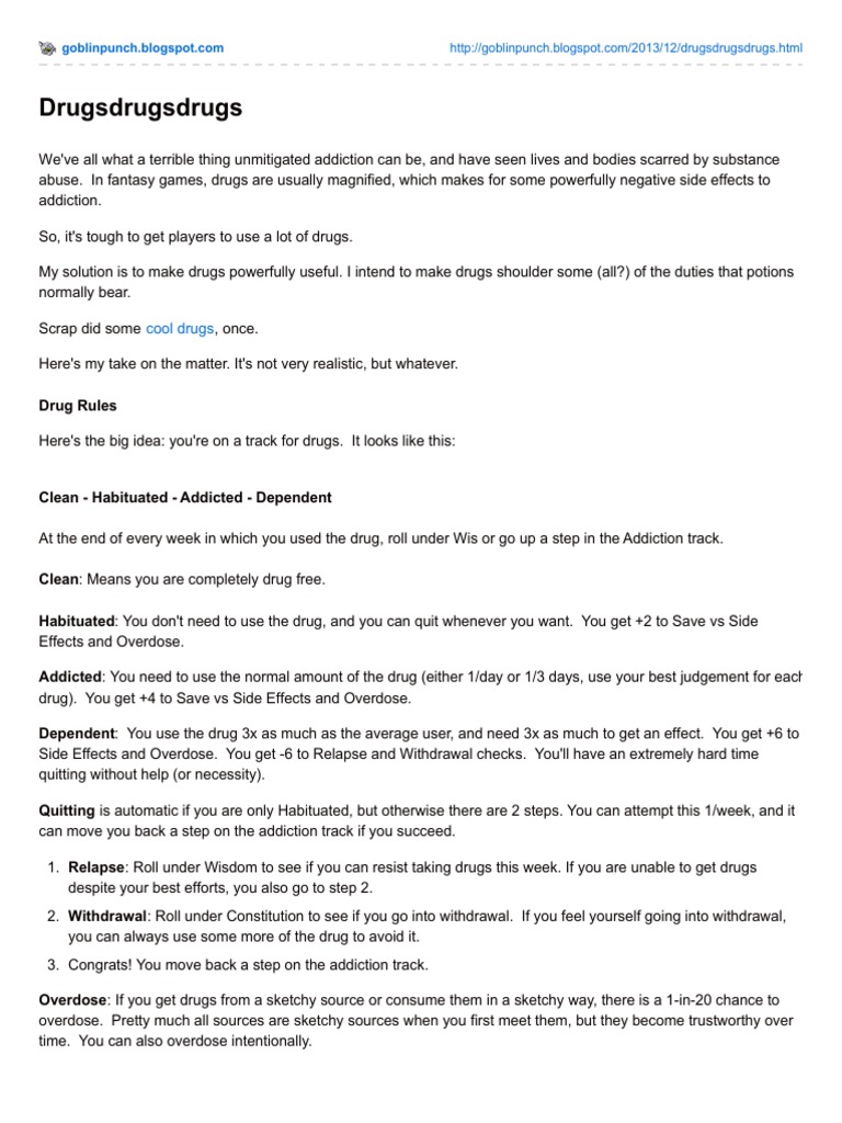 Fantasy Drug Mechanics For RPGs PDF Substance Dependence