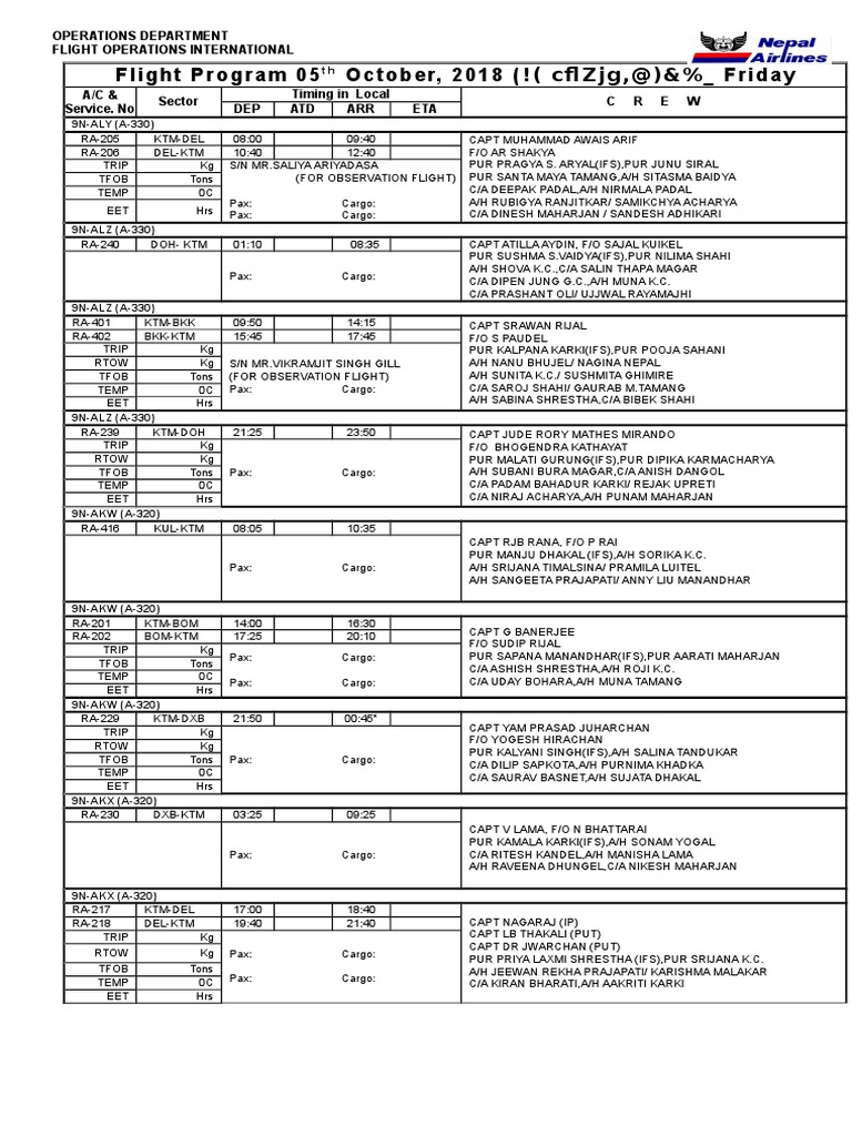 Flight Program 05 October, 2018 (! (CFL ZJG,@) &% - Friday: Operations ...