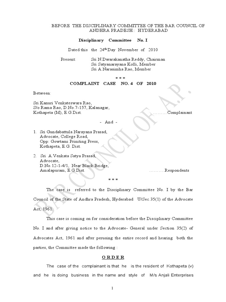 Disciplinary Committee No. I | PDF | Complaint