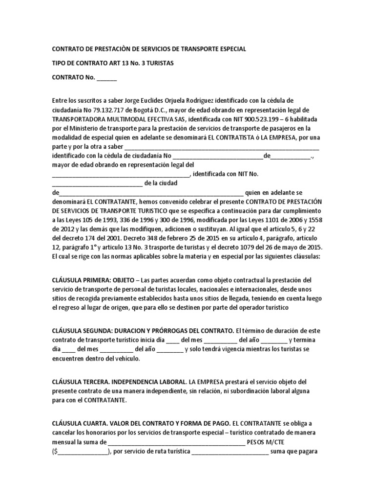 Contrato de Prestaciòn de Servicios de Transporte Especial