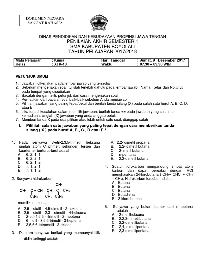 1 Soal Kimia Pas 1 Kelas Xi 2017 2018 K 13