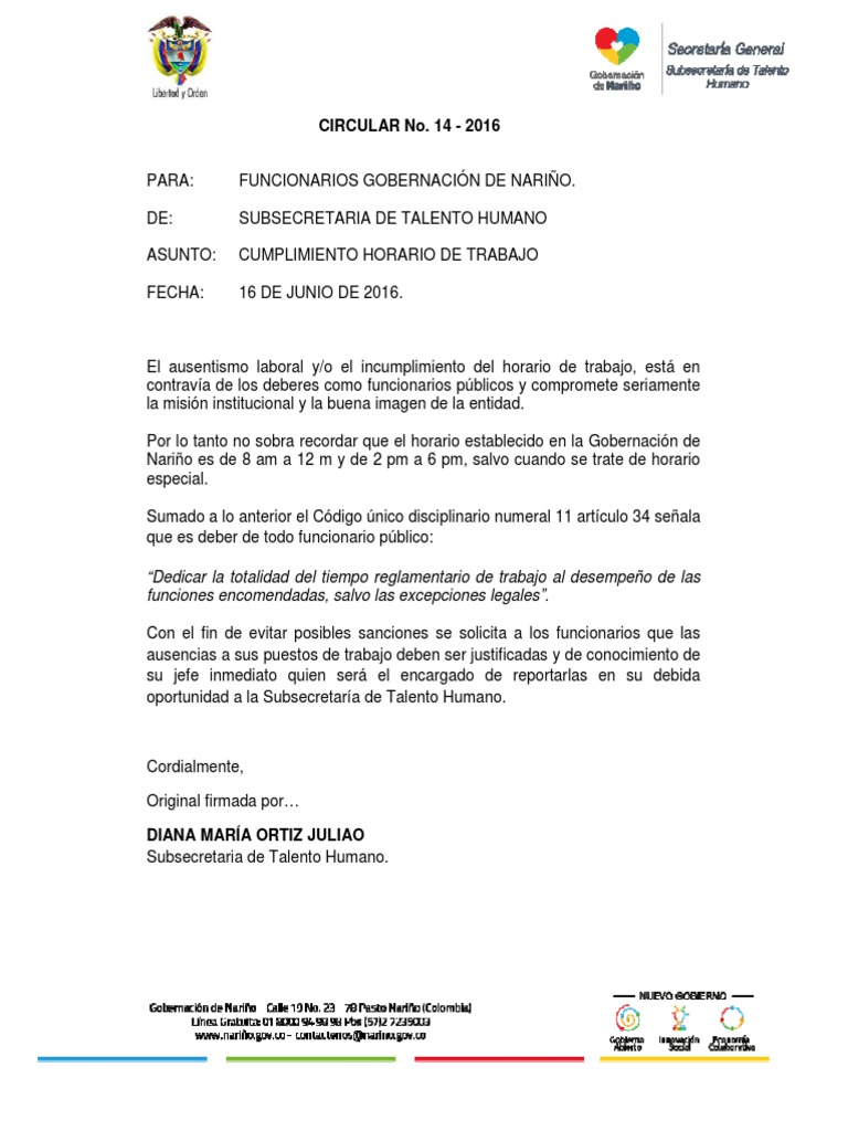 CIRCULAR No 14 CUMPLIMIENTO HORARIO PDF | PDF