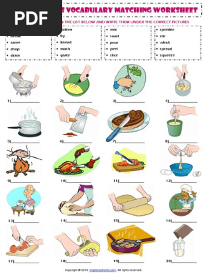 cooking verbs esl vocabulary matching exercise worksheet pdf food and drink preparation cooking