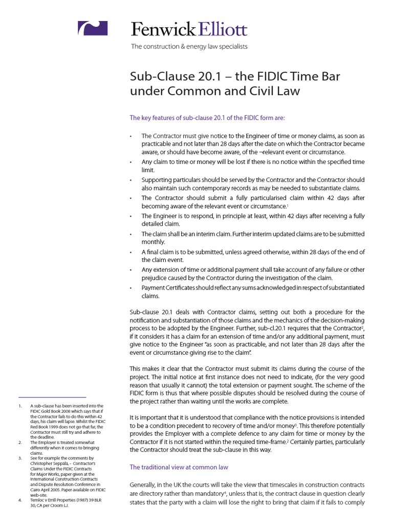 Sub-Clause 20.1 - The FIDIC Time Bar Under Common and Civil Law ...