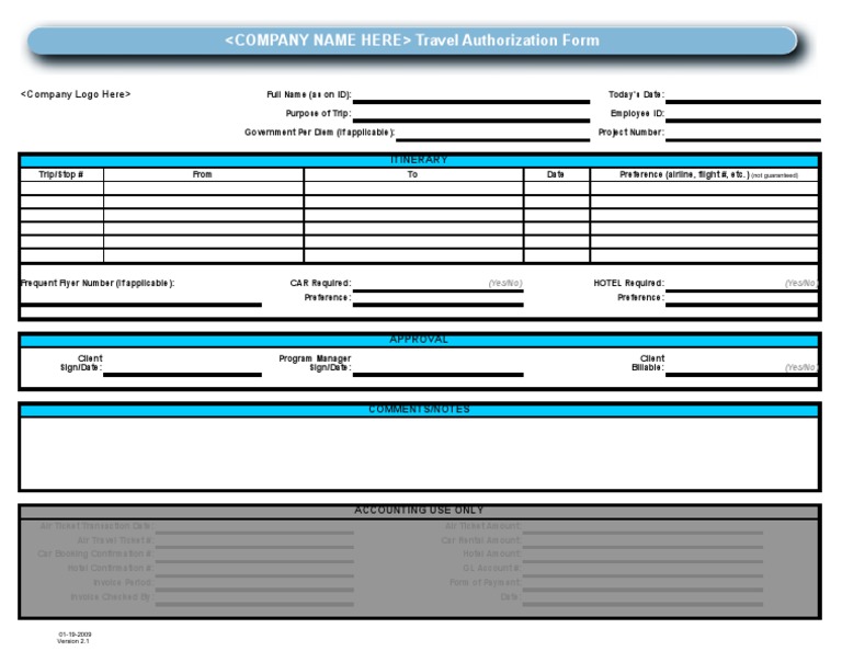 Travel Authorization Form Template | PDF