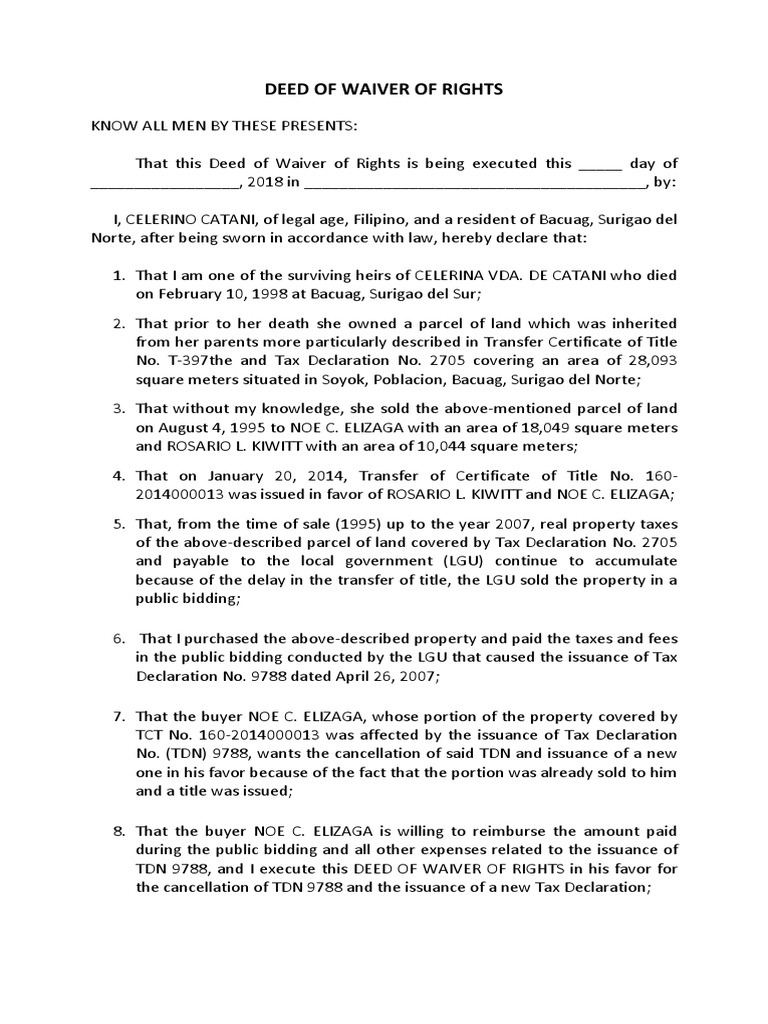Deed of Waiver of Rights Regarding the Transfer of Ownership and ...