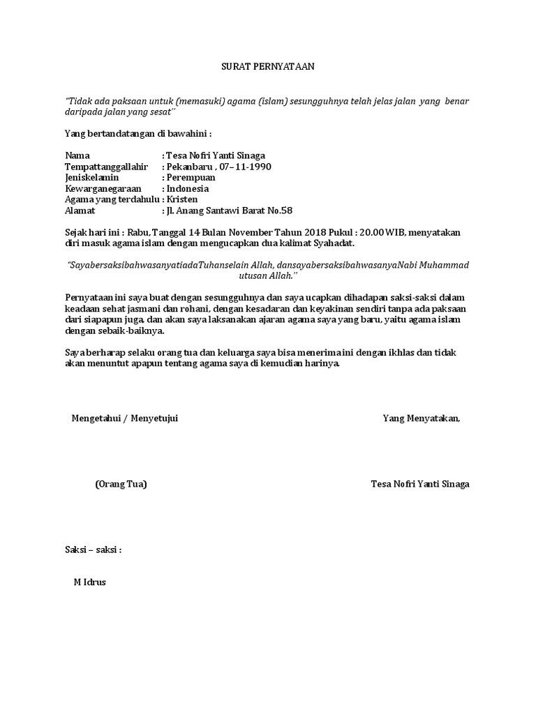 Contoh Surat Pernyataan Masuk Agama Kristen Contoh Lif Co Id