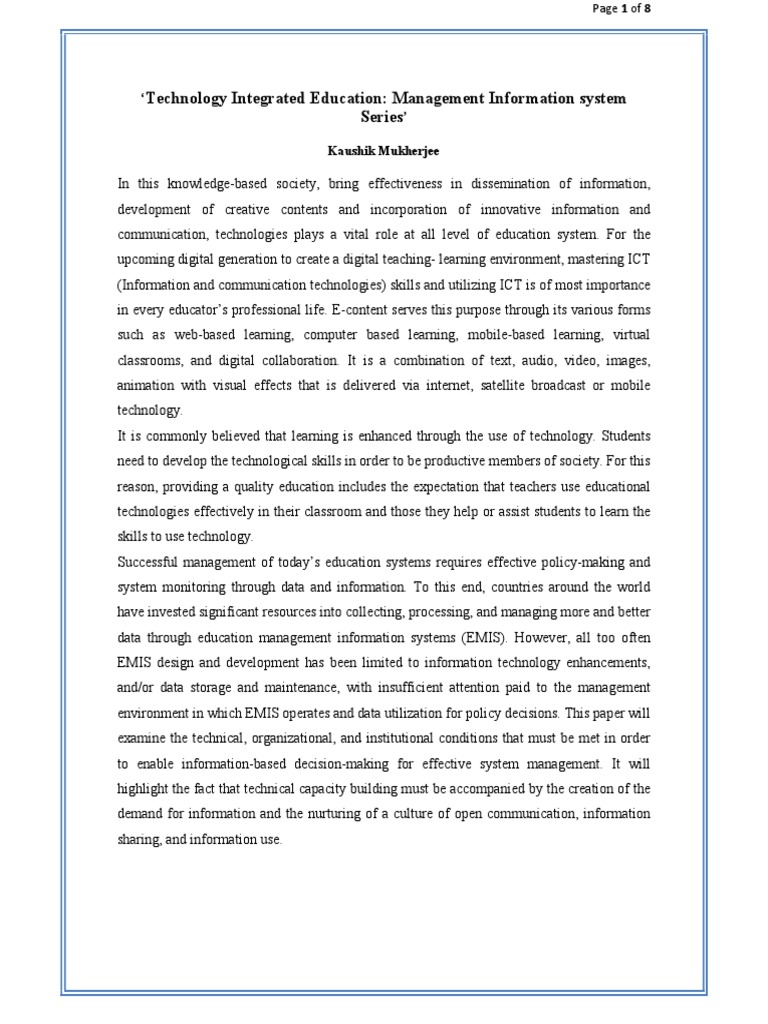 Technology Integrated Education: Management Information System Series ...