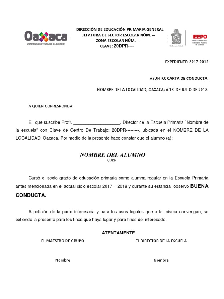 Carta de buena conducta para alumno que cursó sexto grado de primaria PDF