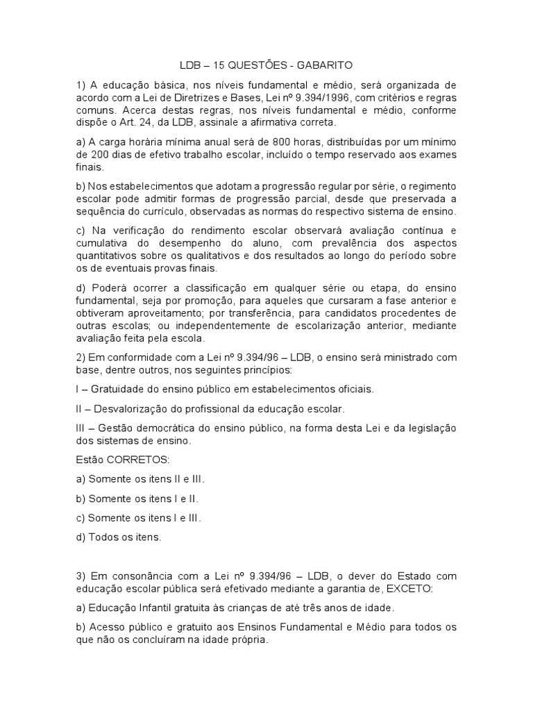 Gabarito de 15 Questões sobre LDB | PDF | Pré-escola | Ensino médio