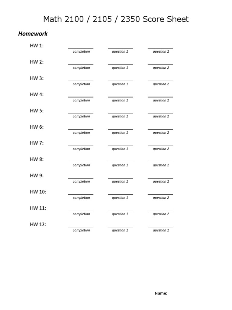 Math 2100/2105/2350 Score Sheet | PDF