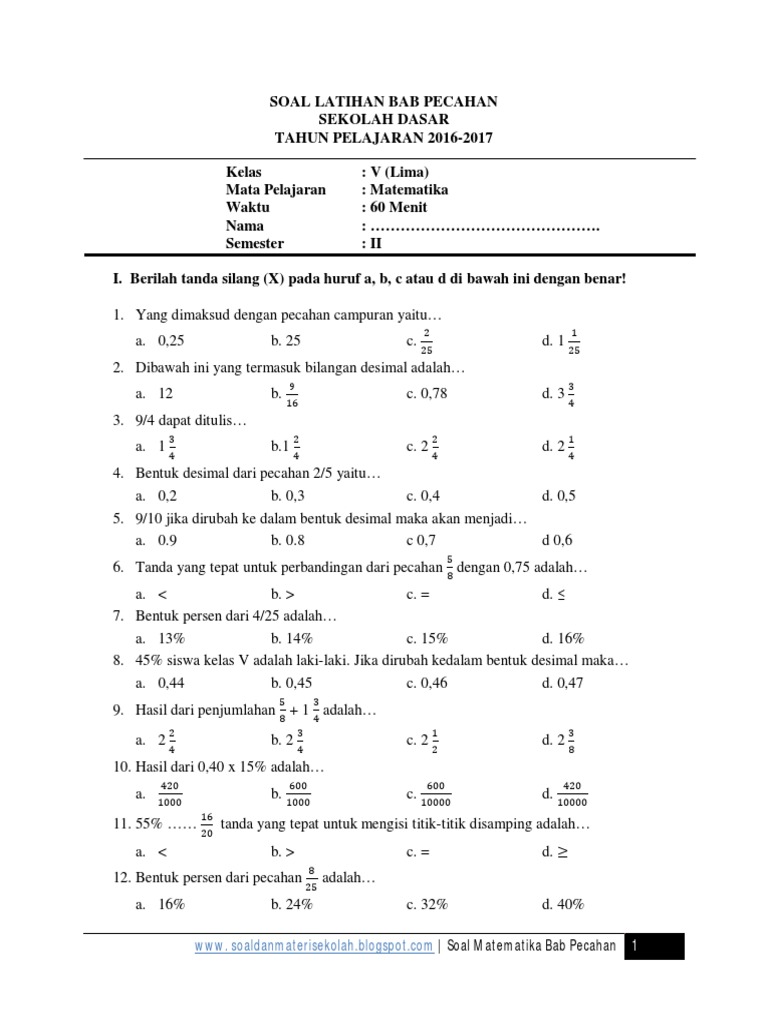Soal Pecahan dan Desimal Kelas 6 | PDF
