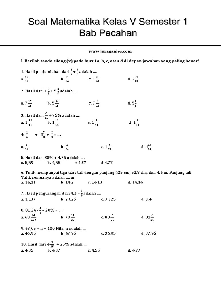 Soal Matematika Kelas 5 K13 Bab Pecahan 1
