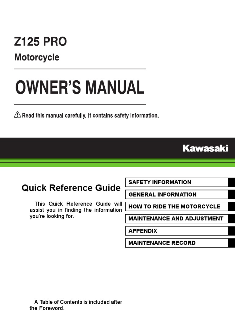 2017 Kawasaki Z125 Owners Manual PDF Exhaust Gas Vehicles