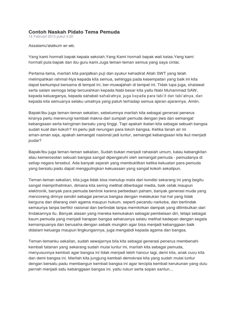 Contoh Naskah Pidato Tema Pemuda