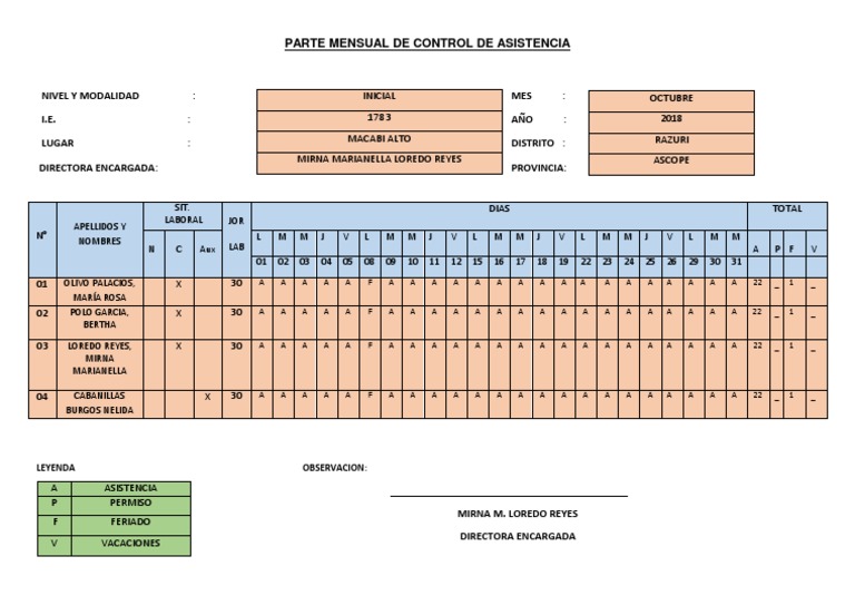 Parte Mensual de Control de Asistencia PDF