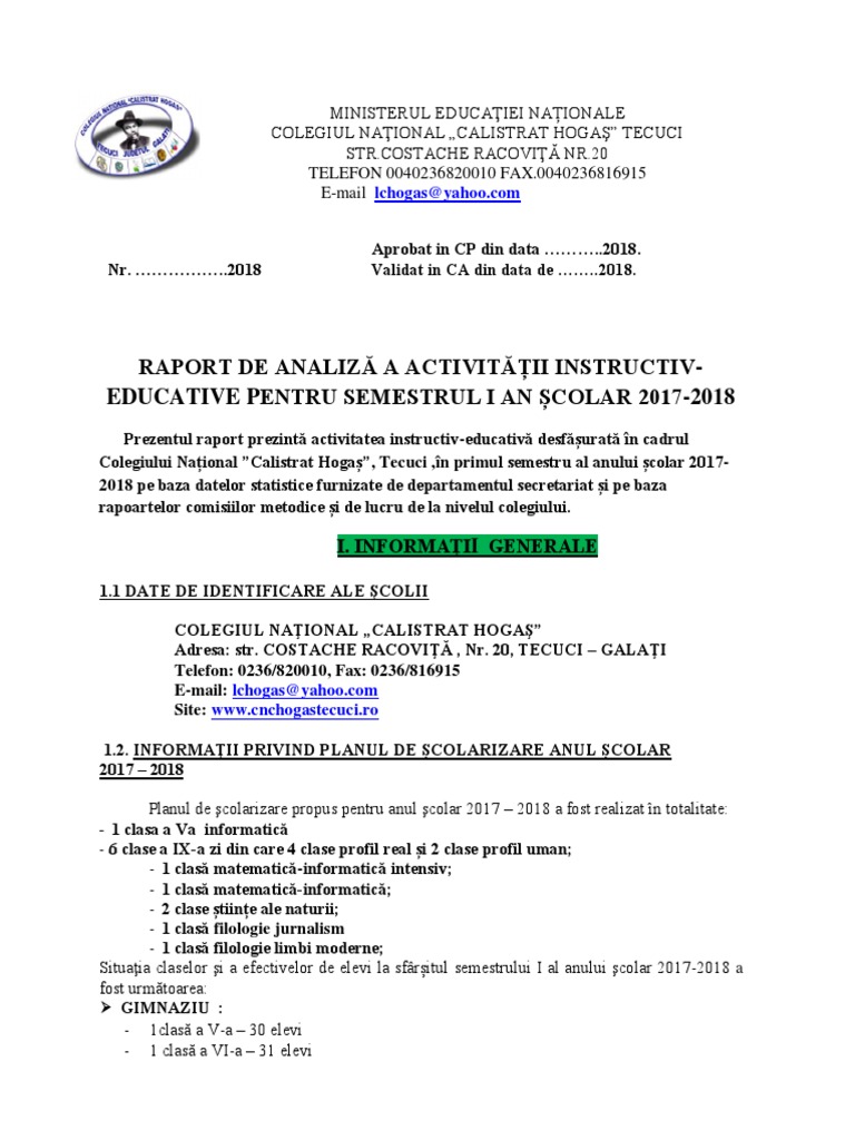 Cn Calistrat Hogas Tecuci Raport De Activitate Sem I 2017 2018