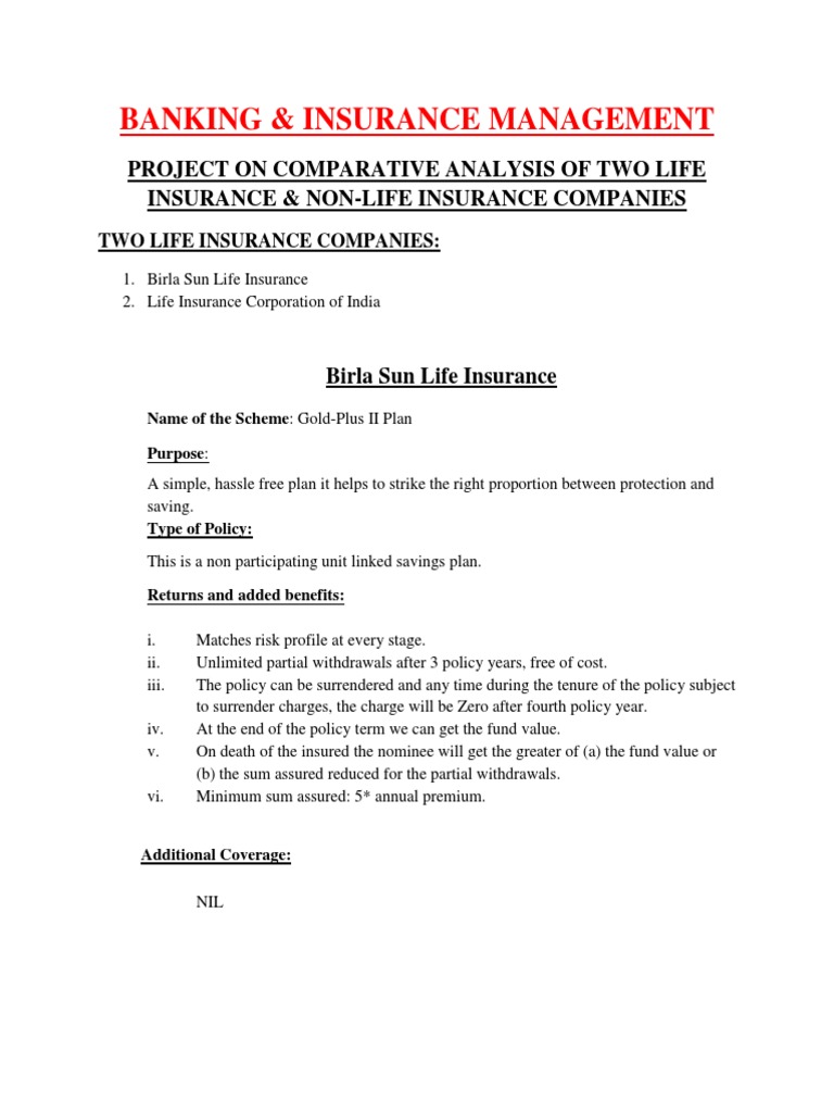 Banking & Insurance Management: Project On Comparative Analysis of Two ...