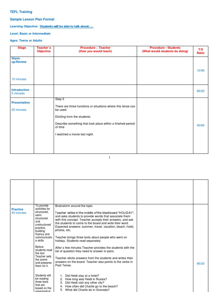TEFL Lesson Plan: Holiday Experiences | PDF | Question | Lesson Plan