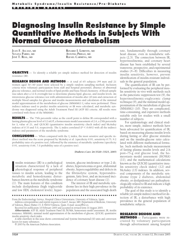 Diagnosing Insulin Resistance by Simple Quantitative Methods in ...