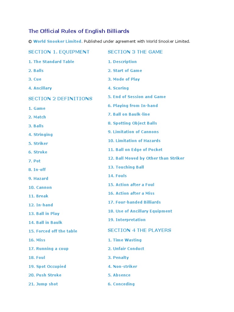 The Official Rules of English Billiards | PDF