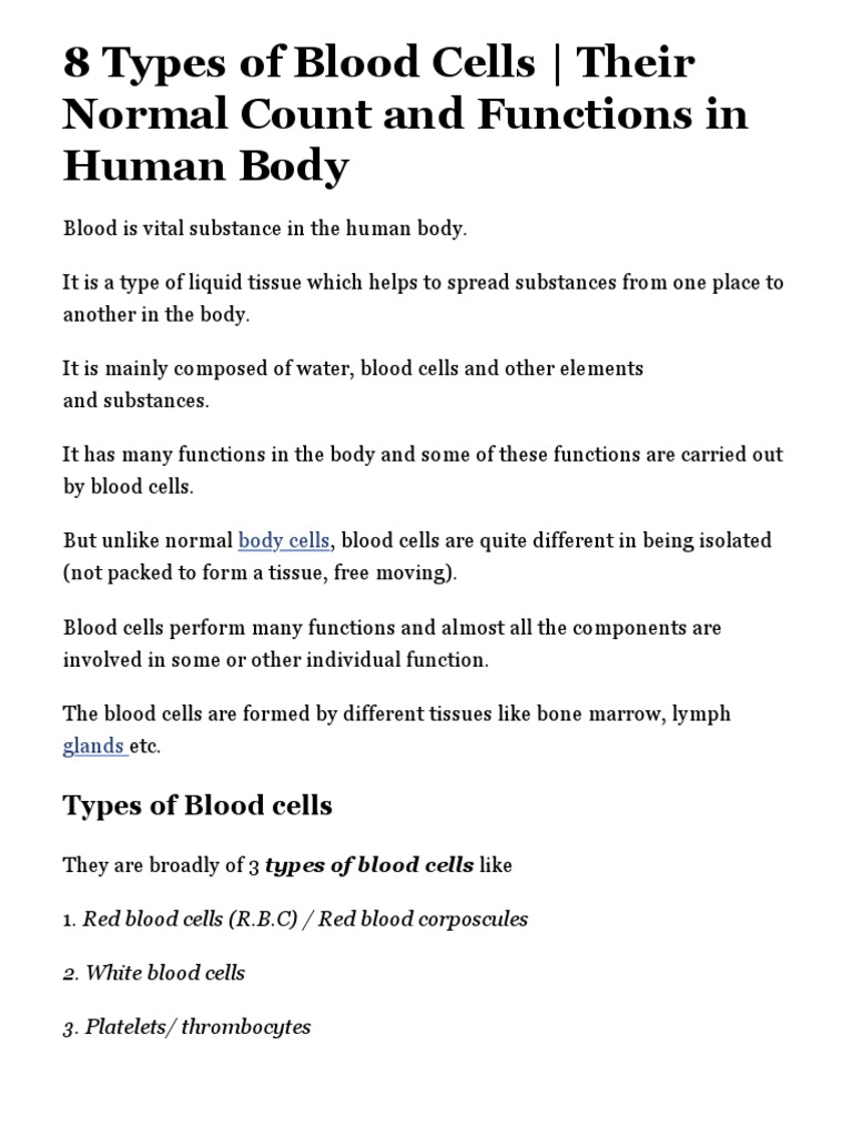 8 Types of Blood Cells - Their Normal Count and Functions in Human Body ...