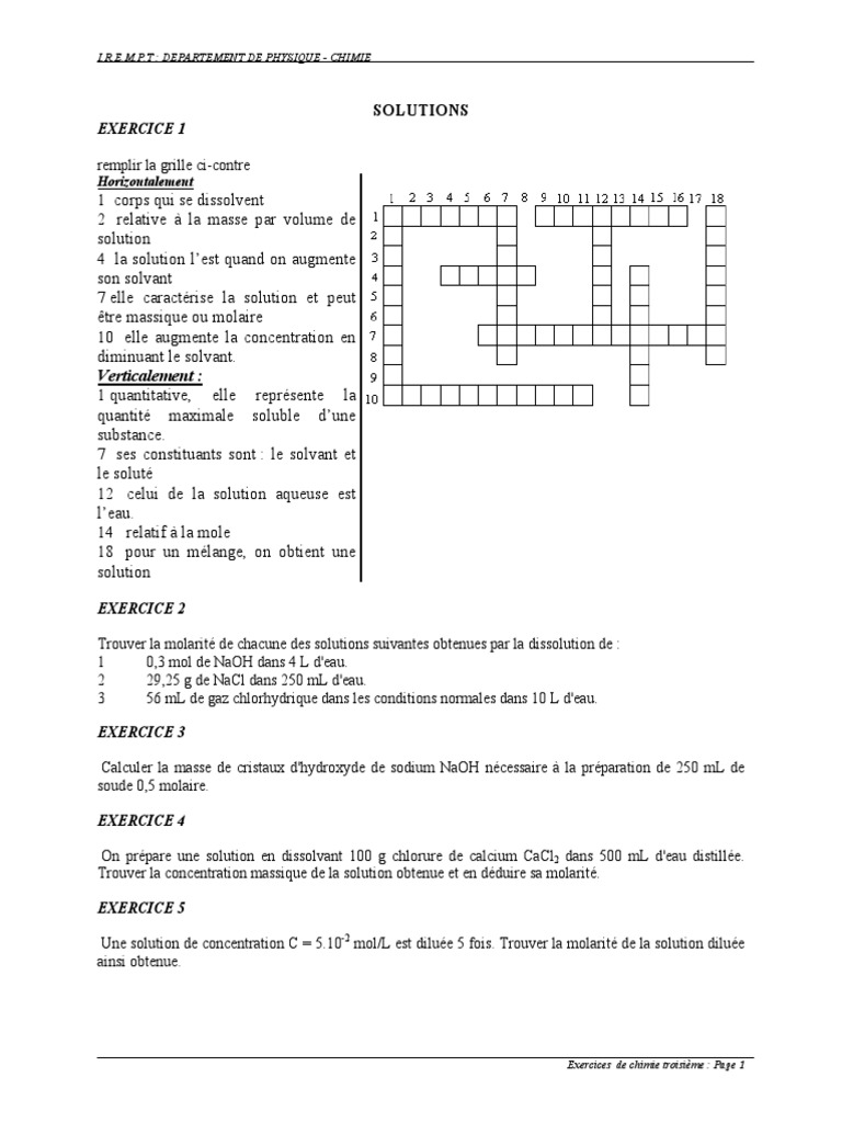 Toutes Les Formules De Physique Chimie 3eme Pdf Exercice Troisieme Chimie Notions de Solutions | PDF | Concentration  molaire | Hydroxyde de sodium