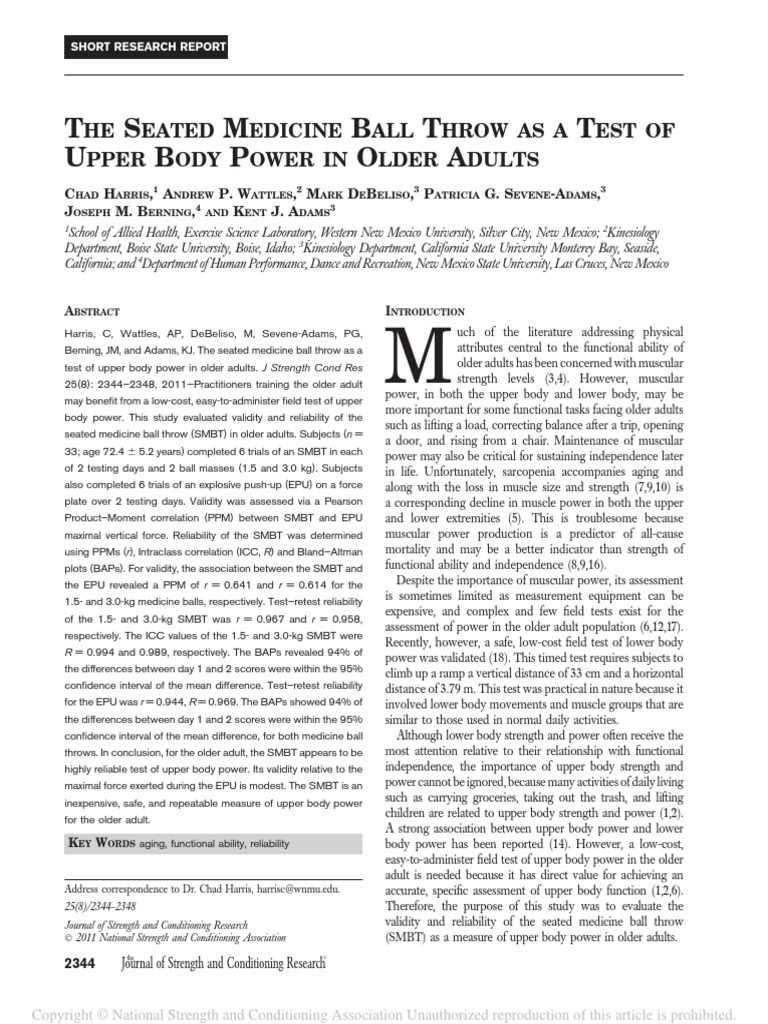 MEDICINE BALL THE SEATED MEDICINE BALL THROW AS A TEST of upper body