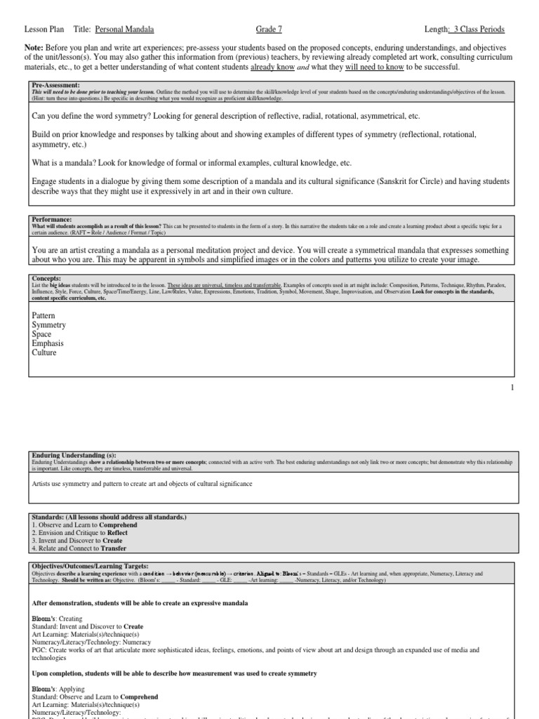 Personal Mandala Lesson Plan Pdf Pdf Learning Idea