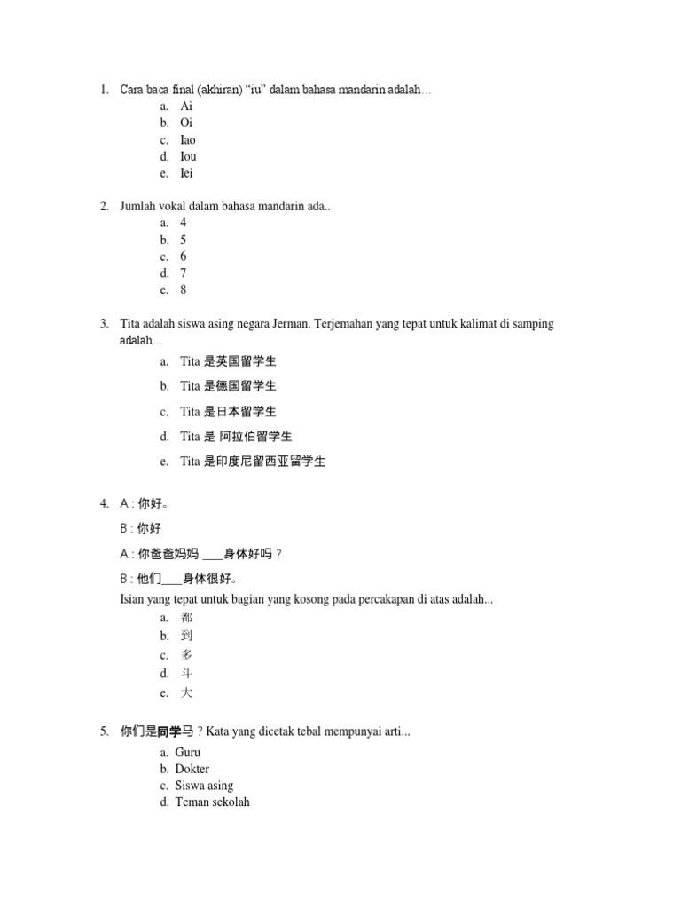 Soal Dan Jawaban Bahasa Mandarin Kelas 10 - Peranti Guru