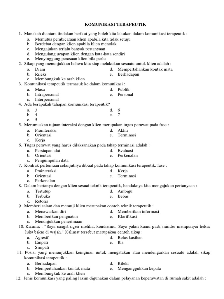 Soal Komunikasi Terapeutik